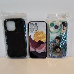 3 pack iPhone 14 Pro protective painted‎ case  (anime,black, and sunset)